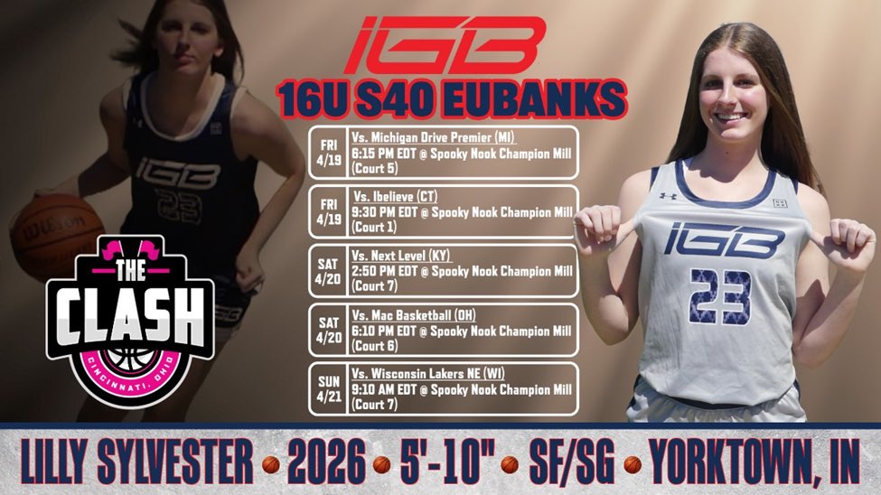 Can't wait to hit the floor Friday night at the Clash with @IGB16UEubanks. Here is my schedule for the weekend. @IGB_Hoops @SelectEventsBB @coachbeckett @PGHIndiana @JrAllStarIN @KYINhoops @AsherScouting @HoopsSouther @InsiderExposure @PriceJameson1 @YHSGirlsBB @OneNationJustin