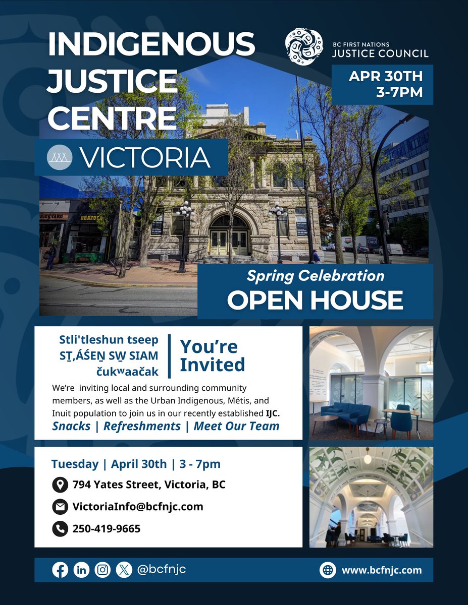 If you're in the Victoria area, come check out @bcfnjc 's new Indigenous Justice Centre on April 30!