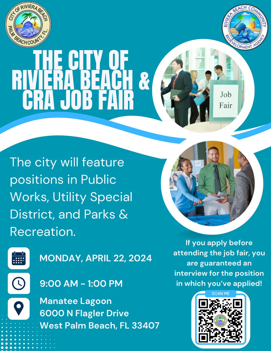 Exciting opportunity alert! 🌟 Join the City of Riviera Beach at our job fair on Monday, April 22nd, 9:00 a.m. - 1:00 p.m. Explore job openings across departments. Secure your interview spot by checking available positions on our website! Job openings: rivierabch.applicantpro.com/jobs/