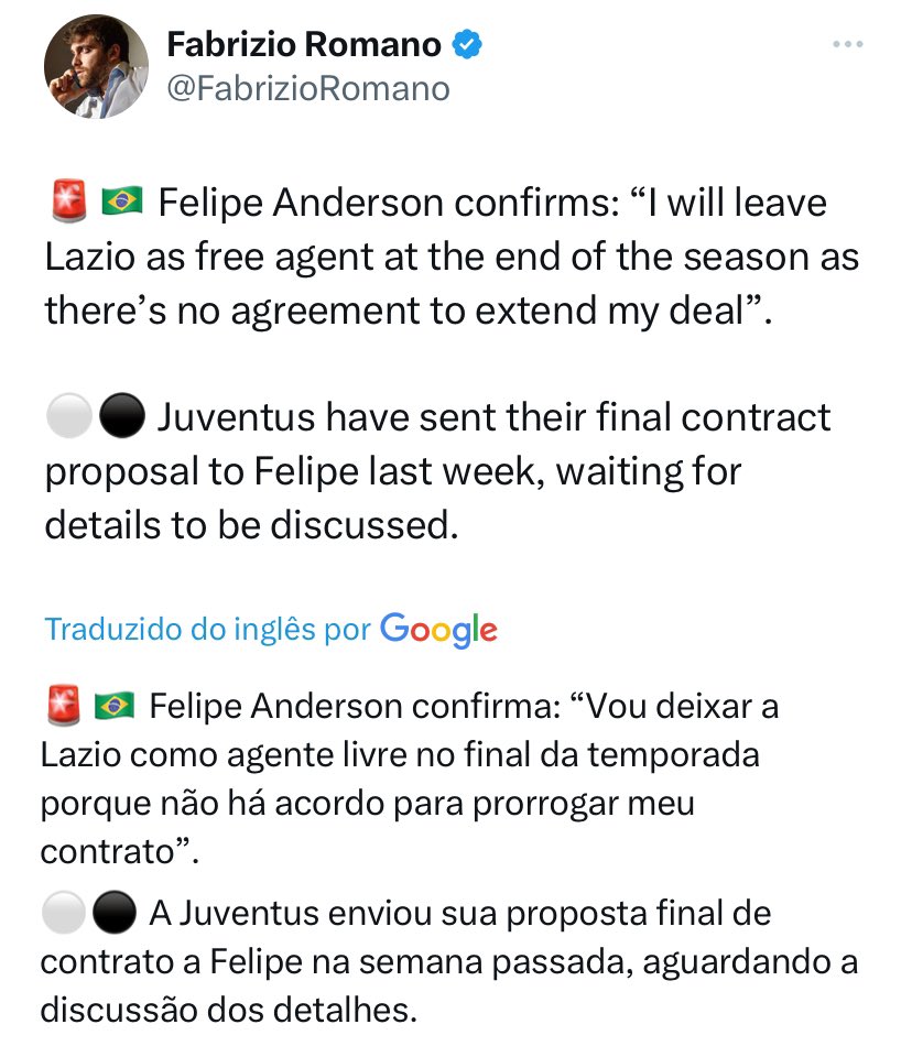 Oledobrasil's tweet photo. FELIPE ANDERSON, A MAIOR CONTRATAÇÃO DO FUTEBOL BRASILEIRO DOS ÚLTIMOS 10 ANOS

- Craque 
- Chega no auge físico 
- Enganou TODA a imprensa italiana 
- Enganou o infalível Fabrizio Romano
- Chapéu na Juventus (!!!) https://t.co/PASn5eAPYi