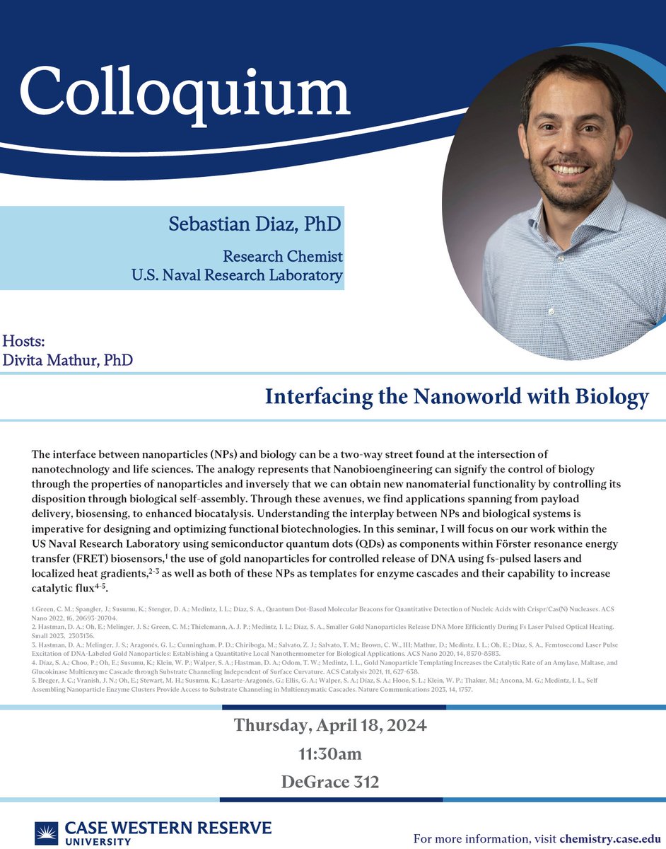 Dr. Sebastián A. Díaz will be visiting the Chemistry Department to give his Colloquium lecture on Thursday, April 18 at 11:30 am in DeGrace 312.