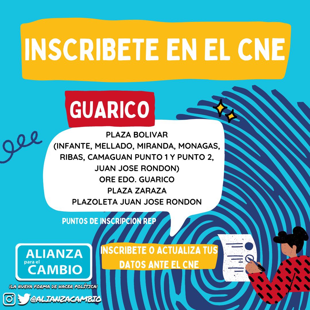 AlianzaCambio's tweet photo. REGIÓN LLANOS CENTRALES! 
¡INSCRÍBETE Y ACTUALIZA TUS DATOS ANTE EL CNE! 

Conoce los Puntos Habilitados por el @CNEesVenezuela para el Registro Electoral Permanente. Estarán funcionando desde las 8:30AM hasta las 3:30PM. 📌 Tienes hasta MAÑANA 16 de Abril. 

¡RUMBO AL #28J! https://t.co/p2szh2uXB0