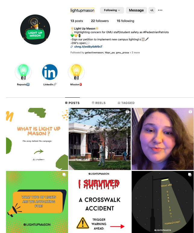 Safety on campus matters. That's why #MimsPR students created a Social Media for Social Good campaign to emphasize the need to #lightupMason. It's called teamwork. And it works! @masoncommdept @masoncareer