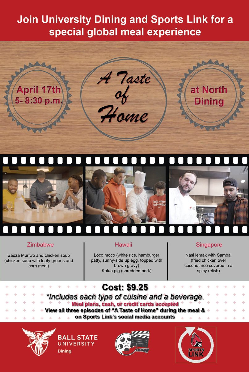 bsusportslink's tweet photo. FOOD ALERT!
Excited to join @ballstatedining for a fun evening with a delicious menu as seen in our series, “A Taste of Home”.
Wednesday starting at 5p at North Dining!
@BSUCCIM @BallStateMedia #BallState #ChirpChirp #WeFly #WeFood https://t.co/011HnRJsNK