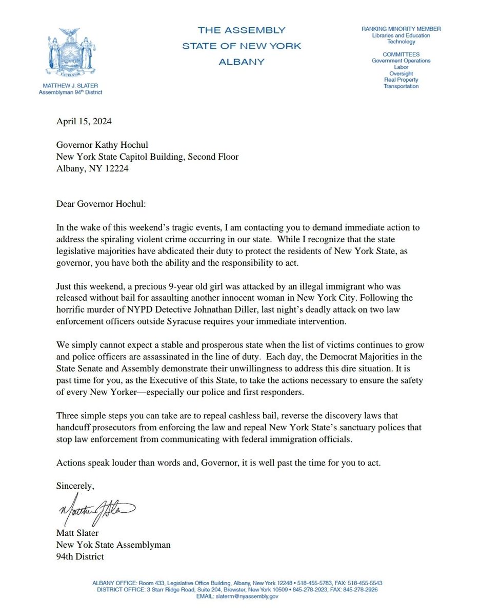 Another weekend of violence in NY leaving 2 police officers dead and a growing list of victims. I sent @GovKathyHochul this letter demanding she take the necessary actions as the chief executive to prioritize the safety of our police and public. #enoughisenough