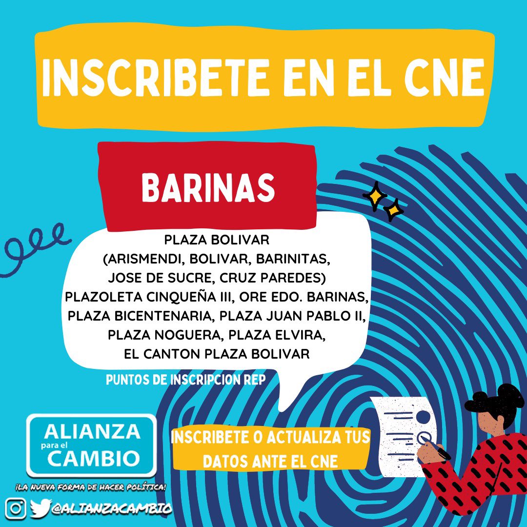 AlianzaCambio's tweet photo. REGIÓN LLANOS OCCIDENTALES! 
¡INSCRÍBETE Y ACTUALIZA TUS DATOS ANTE EL CNE! 

Conoce los Puntos Habilitados por el @CNEesVenezuela para el Registro Electoral Permanente. Estarán funcionando desde las 8:30AM hasta las 3:30PM. 📌Tienes hasta MAÑANA 16 de Abril. 

¡RUMBO AL #28J! https://t.co/3qgs4ZjFUn
