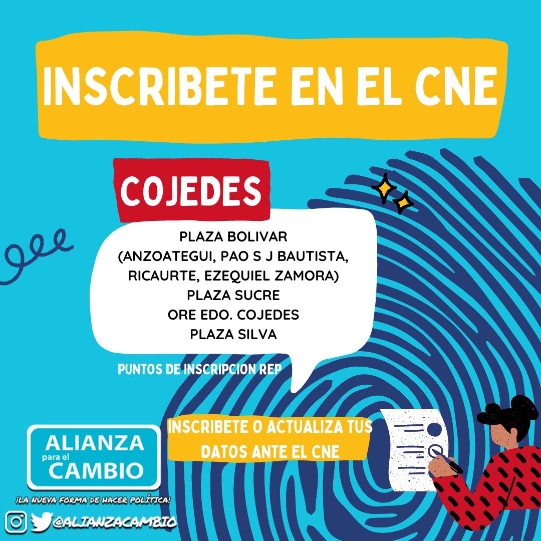 AlianzaCambio's tweet photo. REGIÓN LLANOS OCCIDENTALES! 
¡INSCRÍBETE Y ACTUALIZA TUS DATOS ANTE EL CNE! 

Conoce los Puntos Habilitados por el @CNEesVenezuela para el Registro Electoral Permanente. Estarán funcionando desde las 8:30AM hasta las 3:30PM. 📌Tienes hasta MAÑANA 16 de Abril. 

¡RUMBO AL #28J! https://t.co/3qgs4ZjFUn