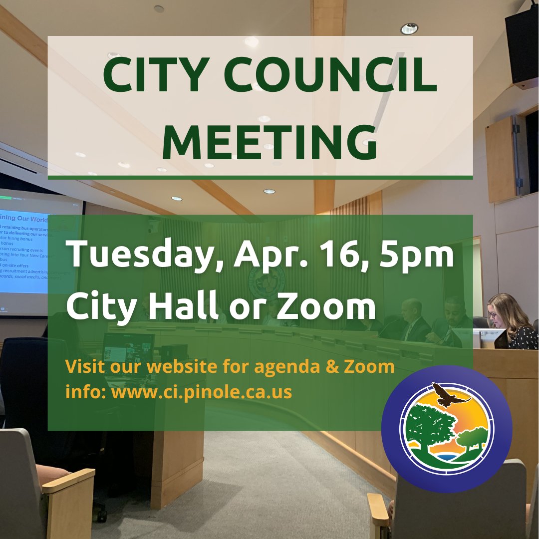 TOMORROW the City Council meeting starts at 5pm. Items on the agenda include a presentation on Pinole's Energy Enhancement Rebate Program. Agenda and packet: pinoleca.portal.civicclerk.com 

#citycouncil #townhall #cityhall #energyrebates #cityofpinole