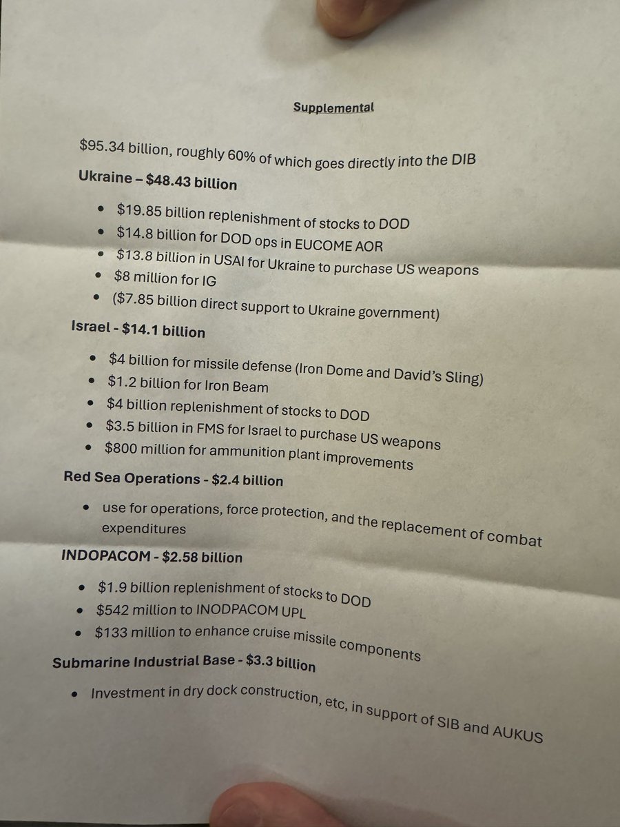 🚨 Lisa Desjardins, PBS News Hour correspondent in Washington, DC says this is the outline for the supplemental bill Speaker Mike Johnson intends to pass according to her source 'in the room.' Includes $48.43 billion for Ukraine and $14.1 billion for Israel.