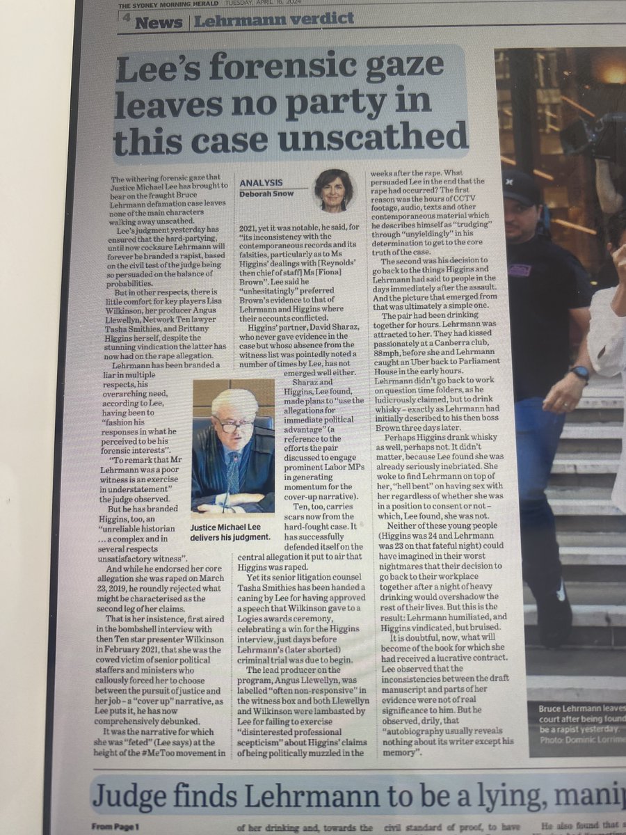 Here’s @DeborahSnow⁩’s analysis of Justice Lee’s findings re a “cover up narrative” and the failings of Network Ten/The Project. It was the direct evidence and forensic cross examination of Brittany Higgins about that fateful night which delivered the truth judgment for Ten.