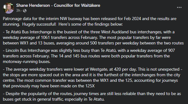 #BusNews: Patronage data for the interim North-Western busway has been released for February 2024.

Te Atatū Bus Interchange is the busiest of the three West Auckland bus interchanges seeing a weekday average of 1061 transfers across February.
