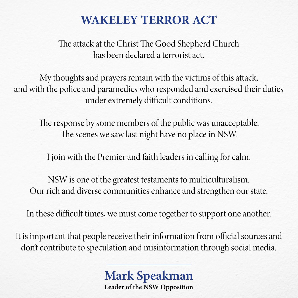 Statement on Wakeley terror act.