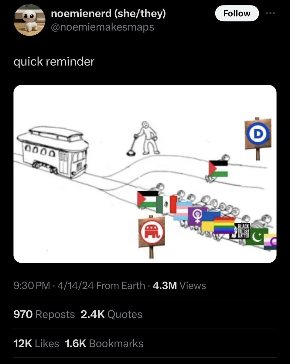 My libs, the Democratic messaging come November absolutely must not begin with “a million Palestinians may have died, but at least…” No, what the fuck. The Biden administration has to be pressured to do something substantive about this now.