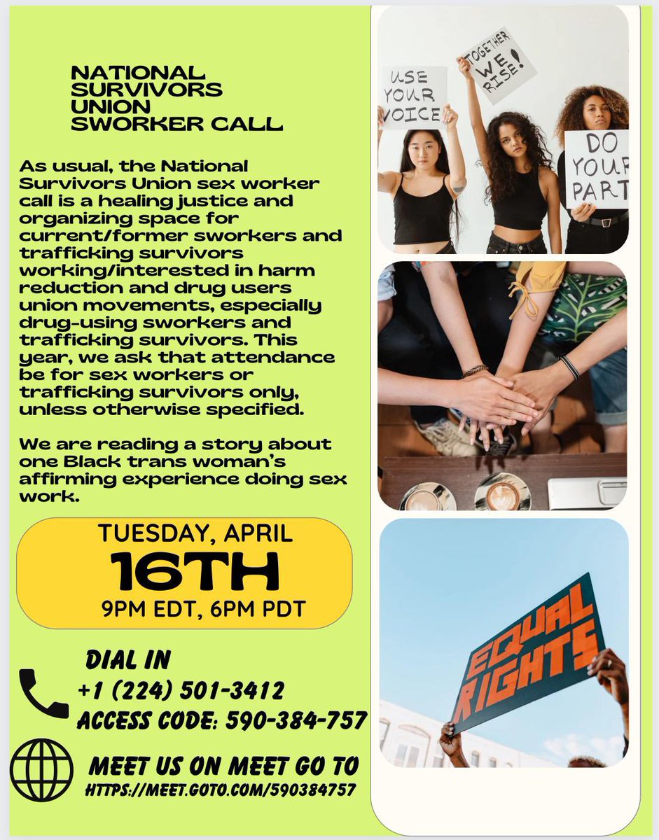 Belated promo for NSU sworker call tomorrow, 4/16, 9 PM EST—we’ll be reading & discussing a story re a Black trans woman’s affirming experience doing sw. Meet.goto.com/590384757