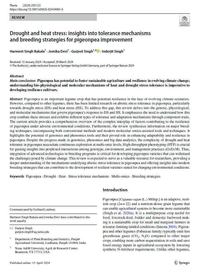 #PublicationAlert Thrilled to announce that our latest article published in Planta (IF:4.3) @SpringerNature Heartily #Congratulations to all co-authors and highly thankful to @Singhybridwheat Article link: link.springer.com/article/10.100… #PigeonpeaBreeding #drought #Heat