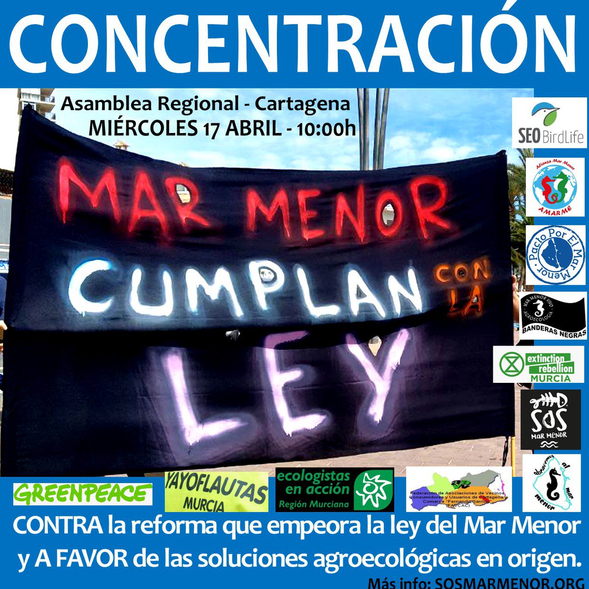 Concentración en la Asamblea Regional de #Cartagena Miércoles 17 de Abril. 10:00 horas En defensa del #MarMenor. Por un #MarMenorVivo. Soluciones agroecológicas en origen. Más información en: SOSMarMenor.org