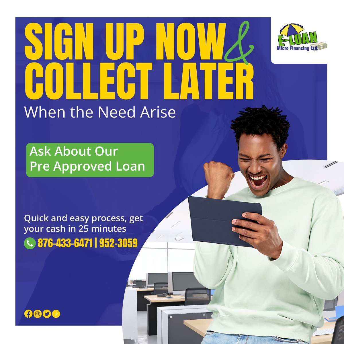 This service allows the customer who is indecisive or does not have an immediate need for a loan to pre-process the loan for future use/benefit.

#eloan876 #loansinjamaica #falmouthoancompany #microfinance #mobileloans #montegobayjamaica #jamaicaloans #uwi #jpsbills