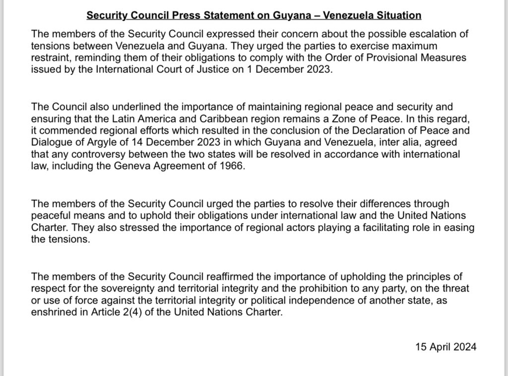 Guyana anunció en los medios internacionales que el Consejo de Seguridad ONU había condenado a Venezuela por unanimidad. Aquí está la respuesta del Consejo de Seguridad sobre las relaciones Guyana-Venezuela publicada hace unos minutos: