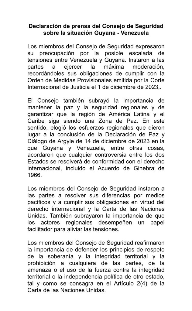 SMoncada_VEN's tweet photo. Guyana anunció en los medios internacionales que el Consejo de Seguridad ONU  había condenado a Venezuela por unanimidad. Aquí está la respuesta del Consejo de Seguridad sobre las relaciones Guyana-Venezuela publicada hace unos minutos: https://t.co/o8SLnmn9xf