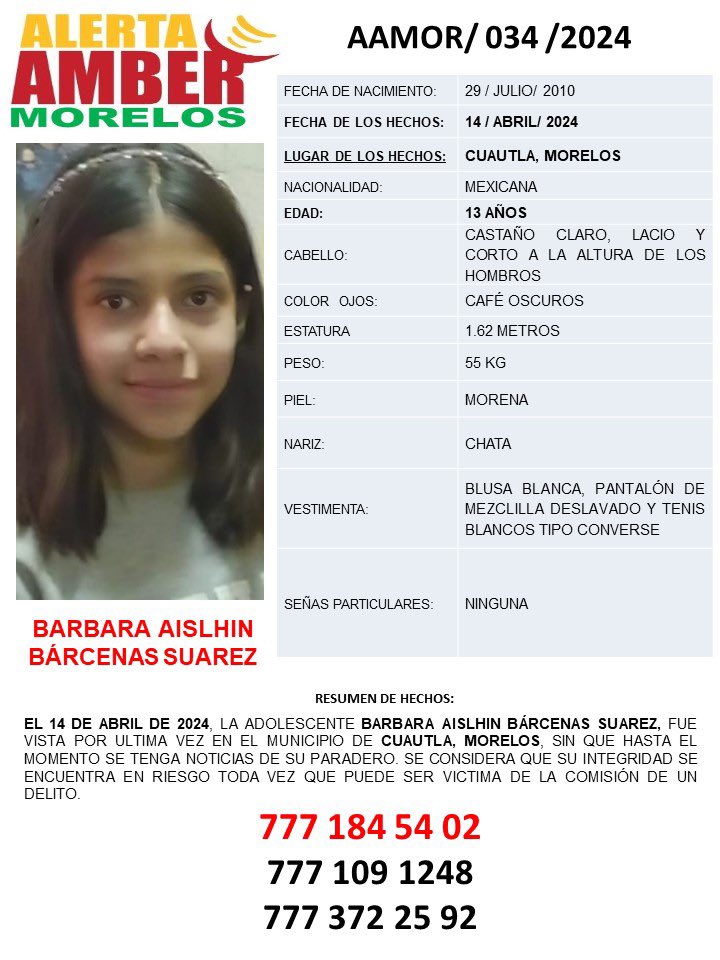 Se activa #AlertaAmberMorelos para la búsqueda y localización de BARBARA AISLHIN BÁRCENAS SUÁREZ de 13 años de edad