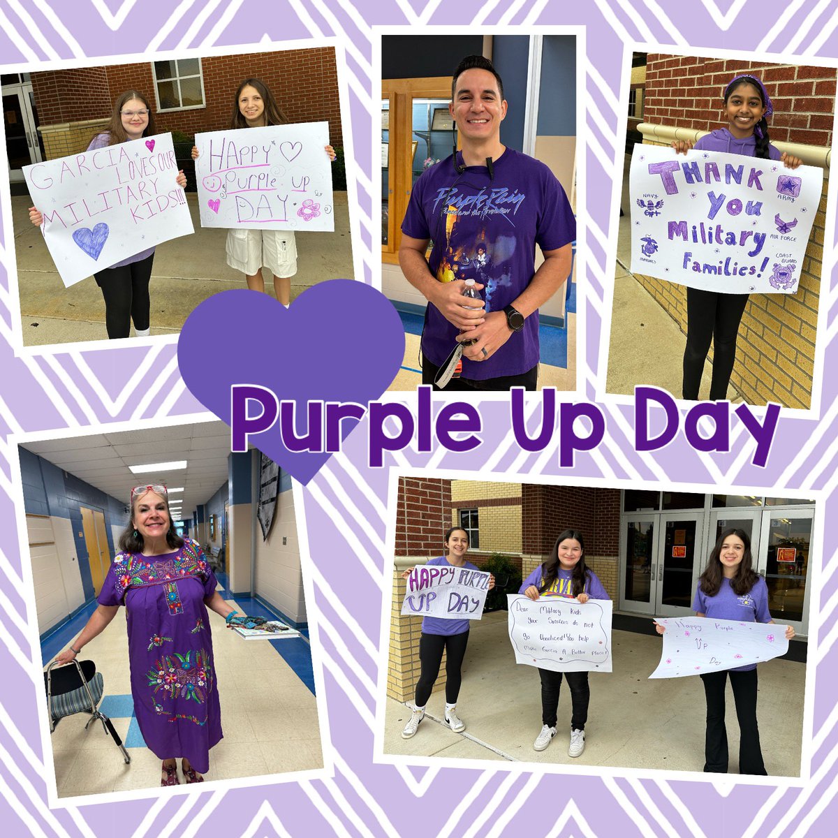 HGMSCounseling's tweet photo. We celebrated all of our military kids today with Purple Up Day! Thank you to everyone who participated and to the Kindness Club for greeting students with signs this morning! π@nisdgarcia #rootEDGarcia https://t.co/haHjX3FYay