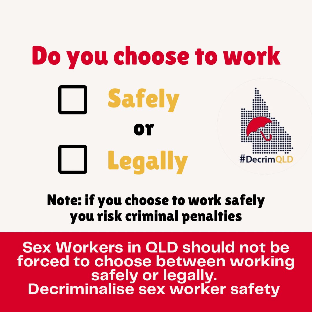 The QLD Criminal Code criminalises SW safety strategies making it illegal to: work together or from the same hotel let another SWr know where you are on a booking or check in at the end drive another worker to an outcall - hire a receptionist to screen your calls. #DecrimQLD