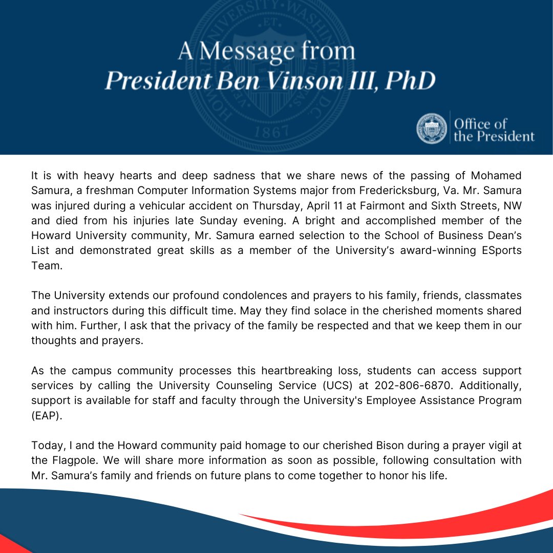 HowardU's tweet photo. Statement by Howard University President Ben Vinson III, Ph.D., shared earlier today with the Howard University community on the passing of student Mohamed Samura. https://t.co/WPdiL8unAB