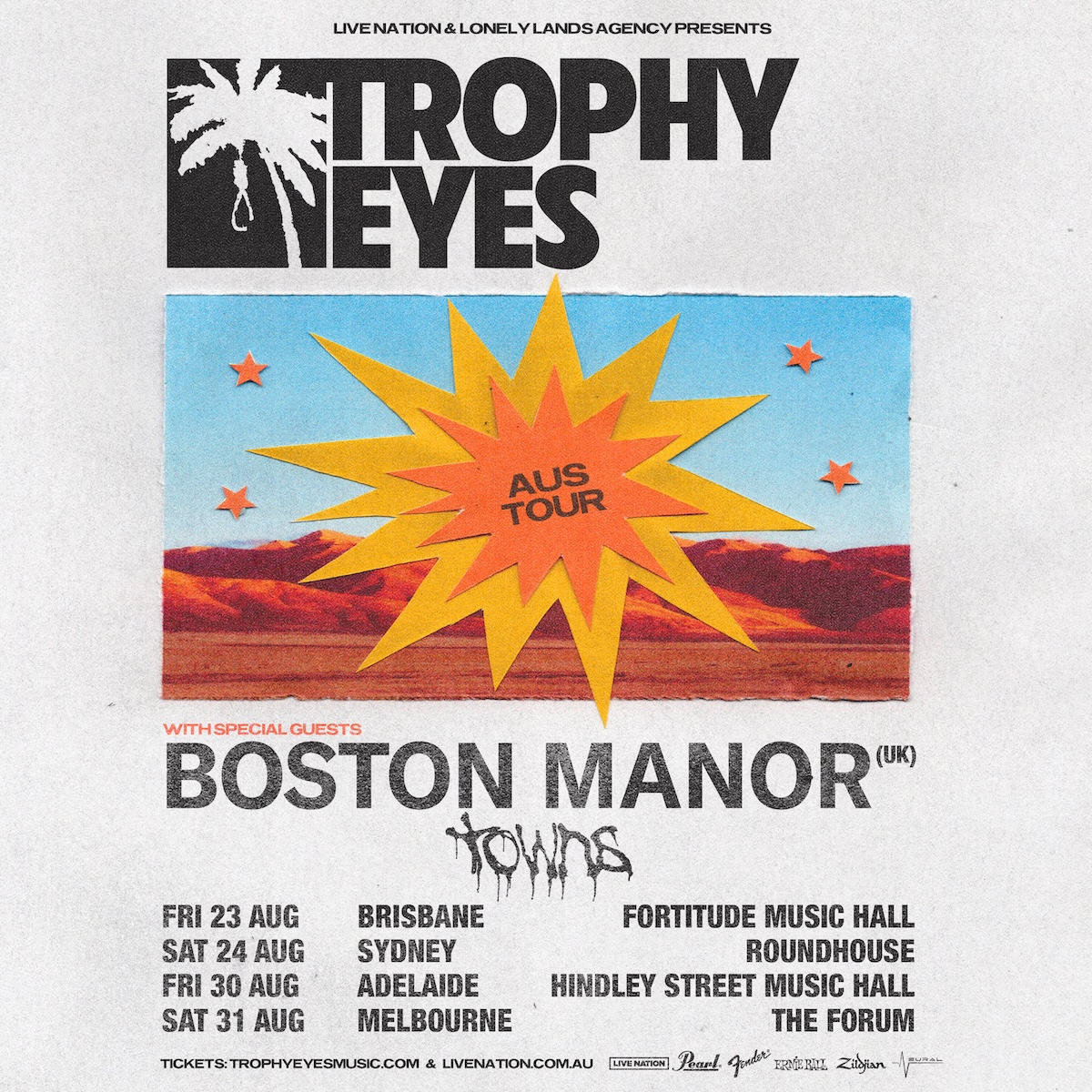 Hysteria Mag (@hysteria_mag) on Twitter photo šØ TOUR ALERT!
<a href="/trophyeyesmusic/">Trophy Eyes</a> , <a href="/BSTNMNR/">Boston Manor</a> and <a href="/TOWNSband_/">TOWNS</a> will be seeing you this August! <a href="/lonelylands_a/">lonelylandsagency</a> <a href="/LiveNationAU/">Live Nation Australia</a> šØ TOUR ALERT!
<a href="/trophyeyesmusic/">Trophy Eyes</a> , <a href="/BSTNMNR/">Boston Manor</a> and <a href="/TOWNSband_/">TOWNS</a> will be seeing you this August! <a href="/lonelylands_a/">lonelylandsagency</a> <a href="/LiveNationAU/">Live Nation Australia</a>