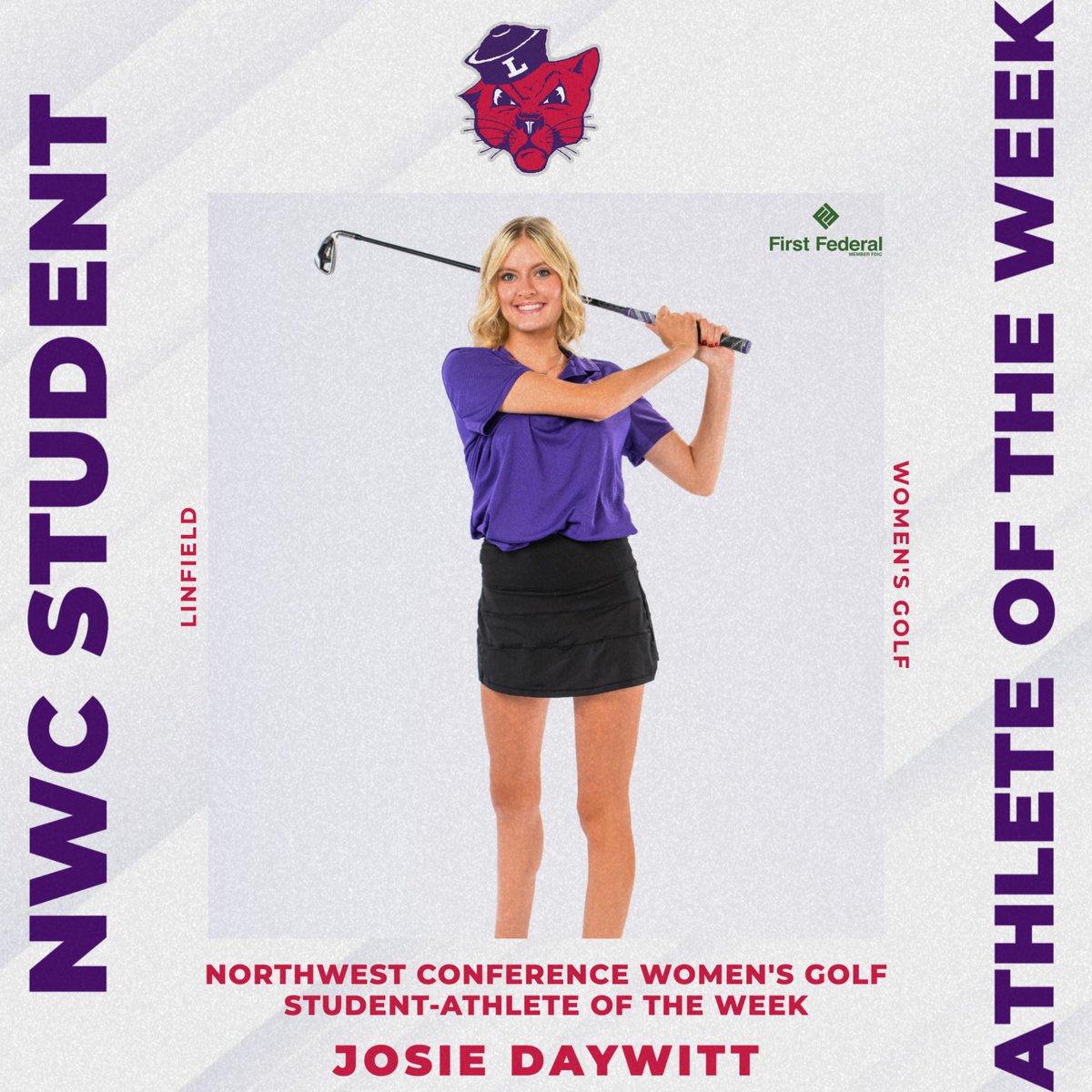 linfieldwgolf's tweet photo. Josie Daywitt earns her first Northwest Conference Student-Athlete of the Week award selection this seasonโณ๏ธ๐ฃ
Read more at: https://t.co/sMBDUXv1Iv
#RollCats | #LinfieldGolf | #d3golf https://t.co/YEge2ISvKI