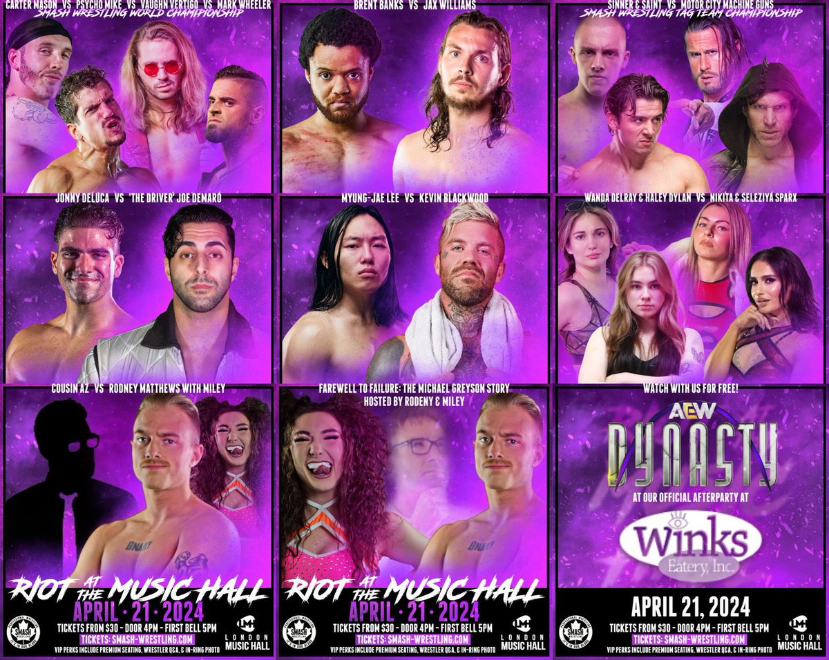 Sunday | London, ON 📍 Mike (c) vs Mason vs Vertigo vs Wheeler Sinner & Saint (c) vs The Motor City Machine Guns Blackwood vs Myung-Jae Wanda & Haley vs Nikita & Selezyia Cousin Az vs Rodney w/ Miley Banks vs Williams Demaro vs Deluca 🎟️ smash-wrestling.com