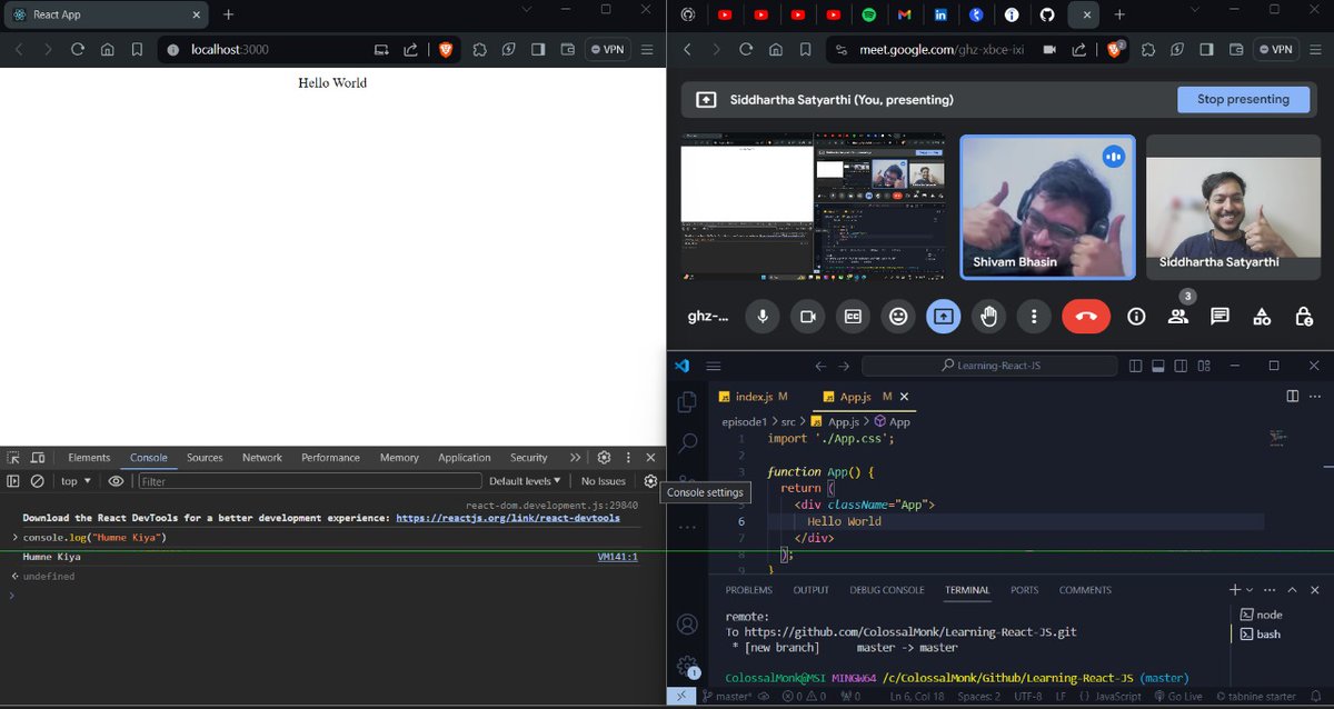 When solving a "Hello World" needs 2 devs 🔥🚀

PS: Started learning ReactJS.
<a href="/_shivambhasin/">Shivam Bhasin is attending #life</a>