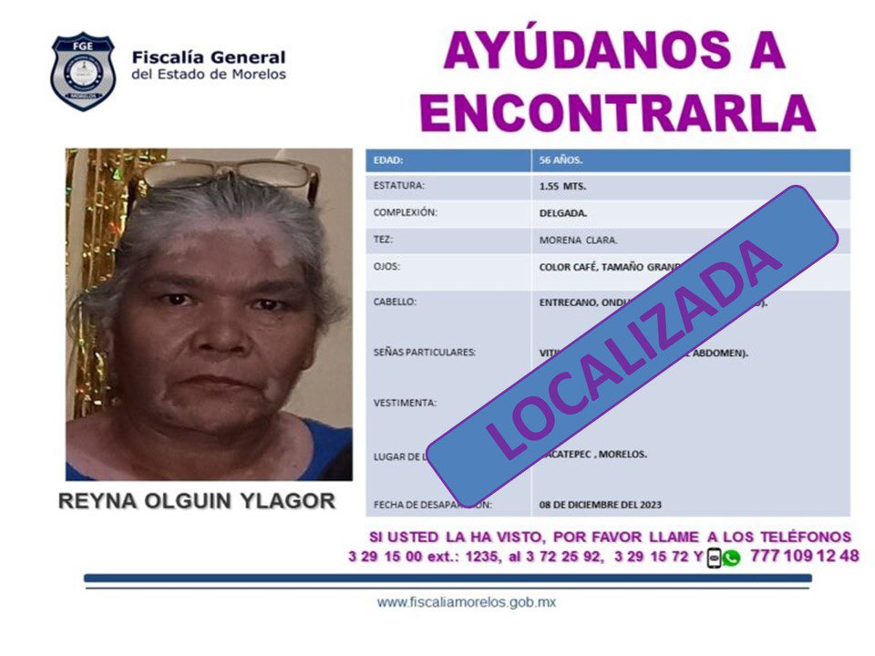 Gracias por su colaboración para localizar a REYNA OLGUÍN YLAGOR de 56 años de edad. Informamos que ya se encuentra localizada.