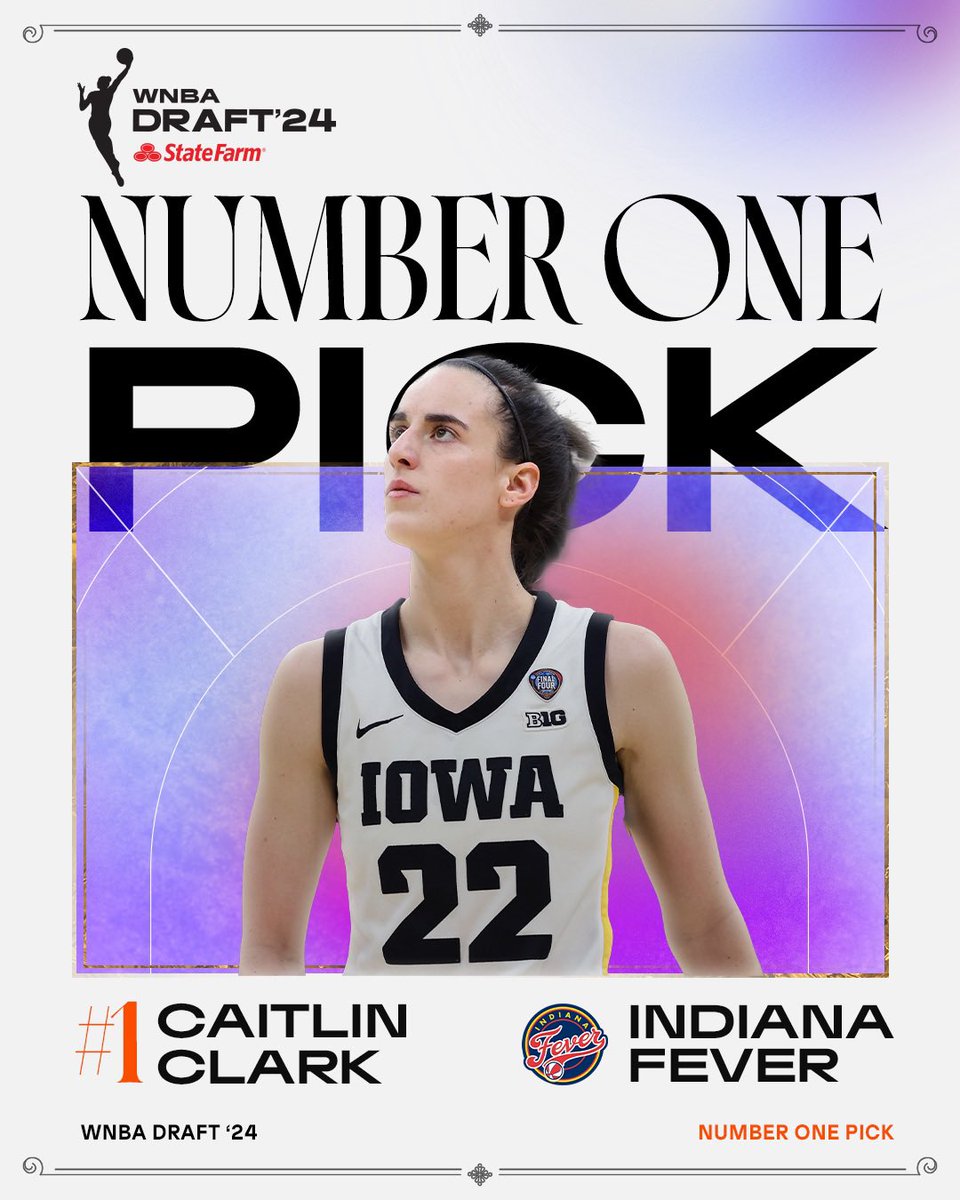 WNBA (@wnba) on Twitter photo With the 1st pick in the 2024 #WNBADraft presented by <a href="/StateFarm/">State Farm</a>, the <a href="/IndianaFever/">Indiana Fever</a> select <a href="/CaitlinClark22/">Caitlin Clark</a> of <a href="/IowaWBB/">Iowa Women's Basketball</a> โจโจ With the 1st pick in the 2024 #WNBADraft presented by <a href="/StateFarm/">State Farm</a>, the <a href="/IndianaFever/">Indiana Fever</a> select <a href="/CaitlinClark22/">Caitlin Clark</a> of <a href="/IowaWBB/">Iowa Women's Basketball</a> โจโจ