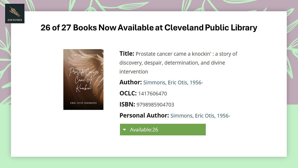 esimmonsauthor's tweet photo. 26 of 27 Books Available at Cleveland Public Library: Twenty-six (26) of 27 copies of “Prostate Cancer Came A Knockin’” purchased by Cleveland Public Library are now available for checkout,... https://t.co/PIeKLYXdG6 https://t.co/IicOi1Pv4T