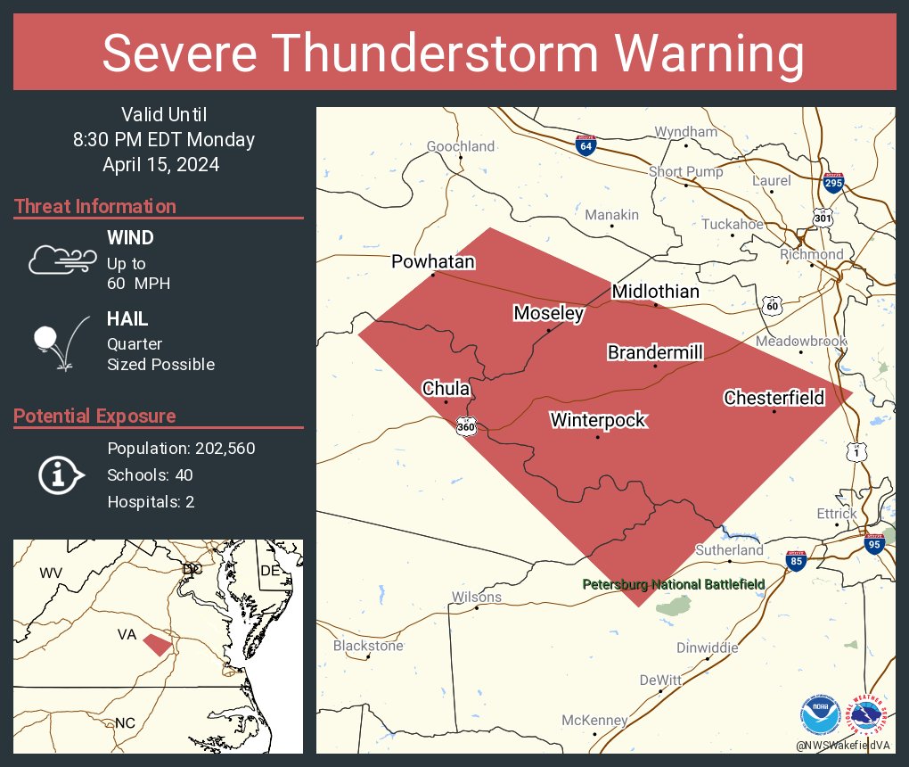 Severe Thunderstorm Warning including Brandermill VA, Rockwood VA and  Woodlake VA until 8:30 PM EDT