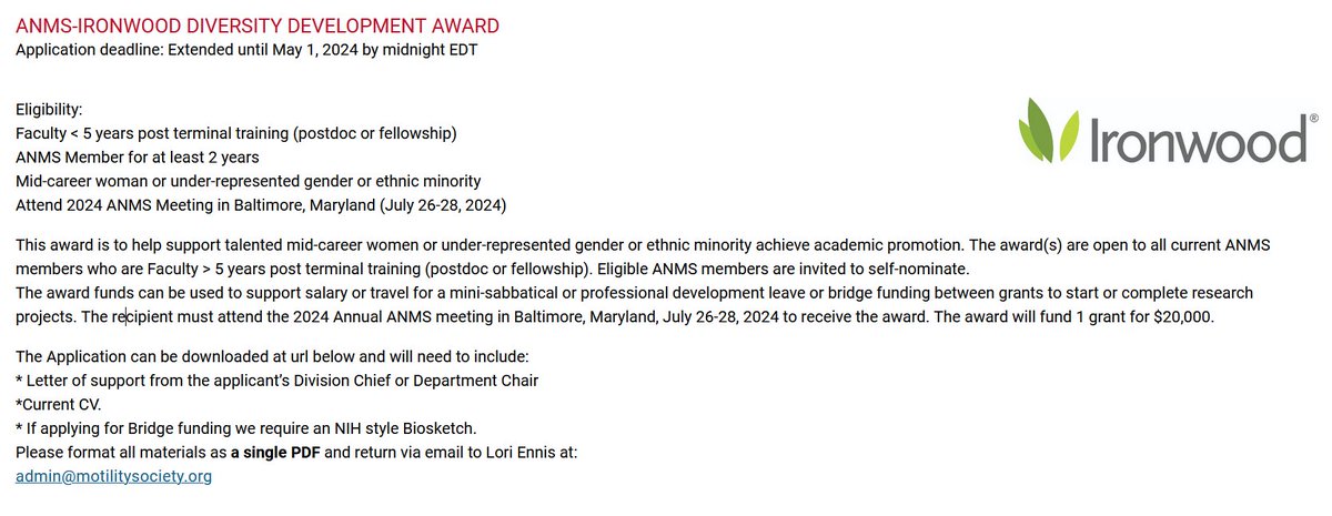 Deadline Approaching! ANMS Ironwood Diversity Development Award - Applications open until May 1, 2024. The award will fund one (1) $20,000 grant for a mid-career woman or under-represented gender or ethnic minority. motilitysociety.org/grant-opportun…