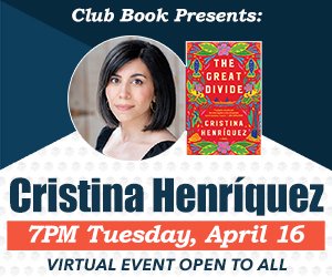 Be sure to join us tomorrow at 7:00 p.m. CDT for a special <a href="/ClubBookMN/">Club Book</a> ft. Cristina Henriquez ("The Great Divide"), co-hosted by <a href="/hclib/">Hennepin County Library</a>. Details: clubbook.org.