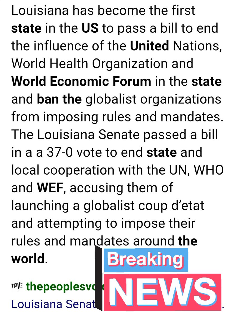 WEF, WHO, UN BANNED IN LOUISIANA, US!!
🇨🇦❤🇺🇸
thepeoplesvoice.tv/louisiana-sena…