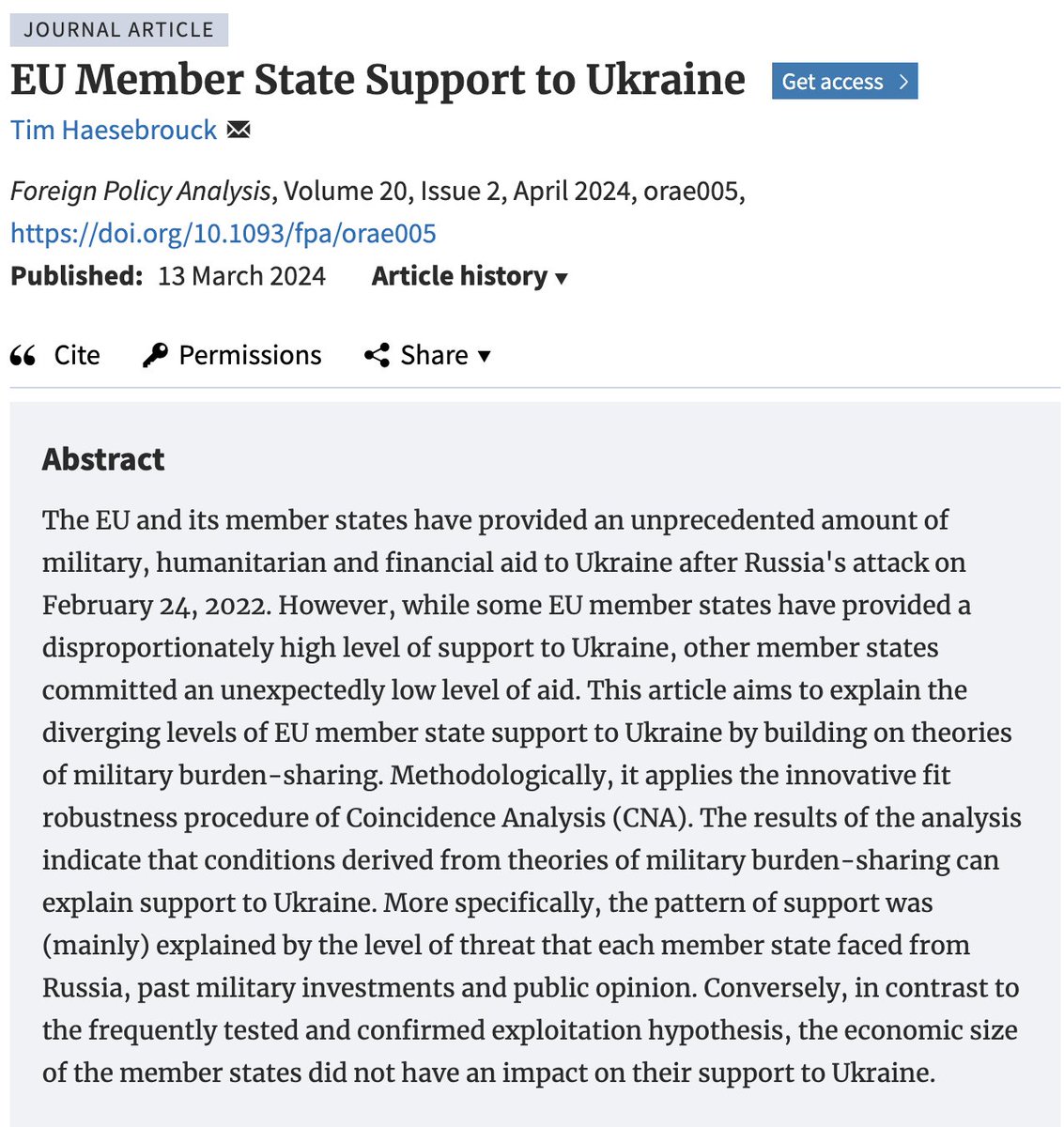 In his new and timely research note 'EU Member State Support to Ukraine' Tim Haesebrouck aims to explain the diverging levels of EU member state support to Ukraine through building on theories of military burden-sharing #Ukraine #Aid #EU academic.oup.com/fpa/article-ab…