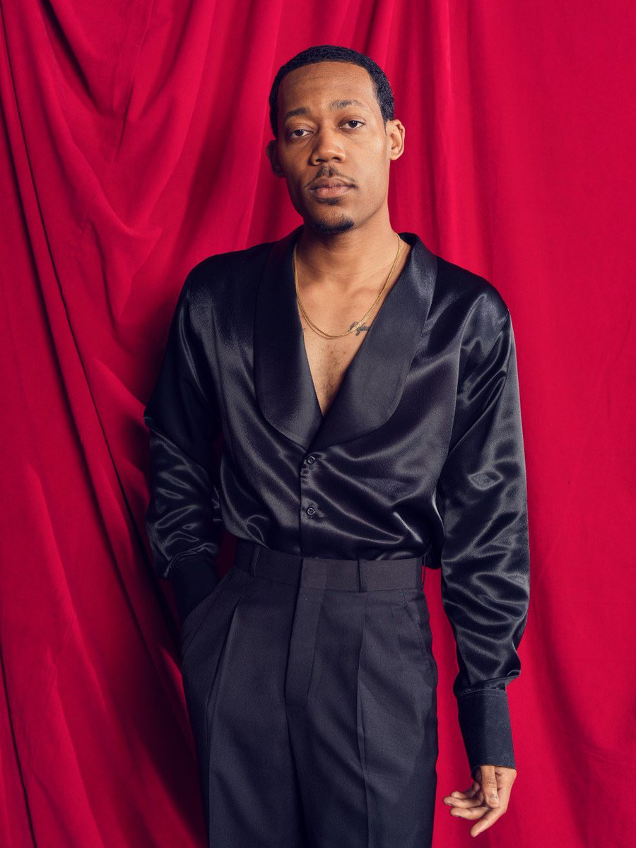 Actor #tylerjameswilliams wears B|M|C SS24 satin shawl collar top and double pleated high waist full leg trousers for the @deadline contenders television panel. #wearingBMC Styled by #ilariaurbinati