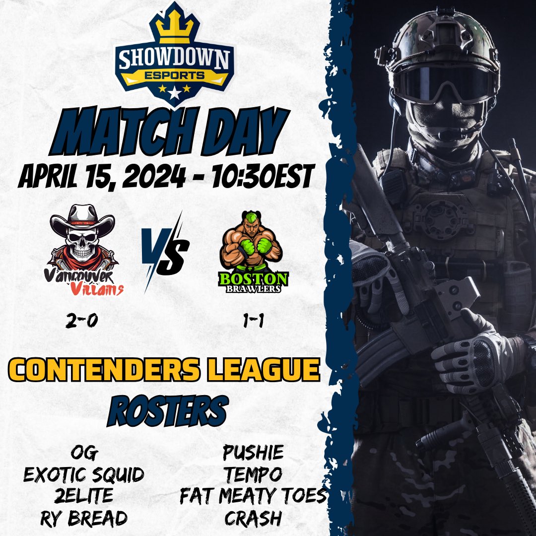 ShowdownOrg's tweet photo. Big match up against the 2-0 Vancouver Villains-Vs Boston Brawlers 1-1 

Match @10:30est https://t.co/TVt4S0aydq
