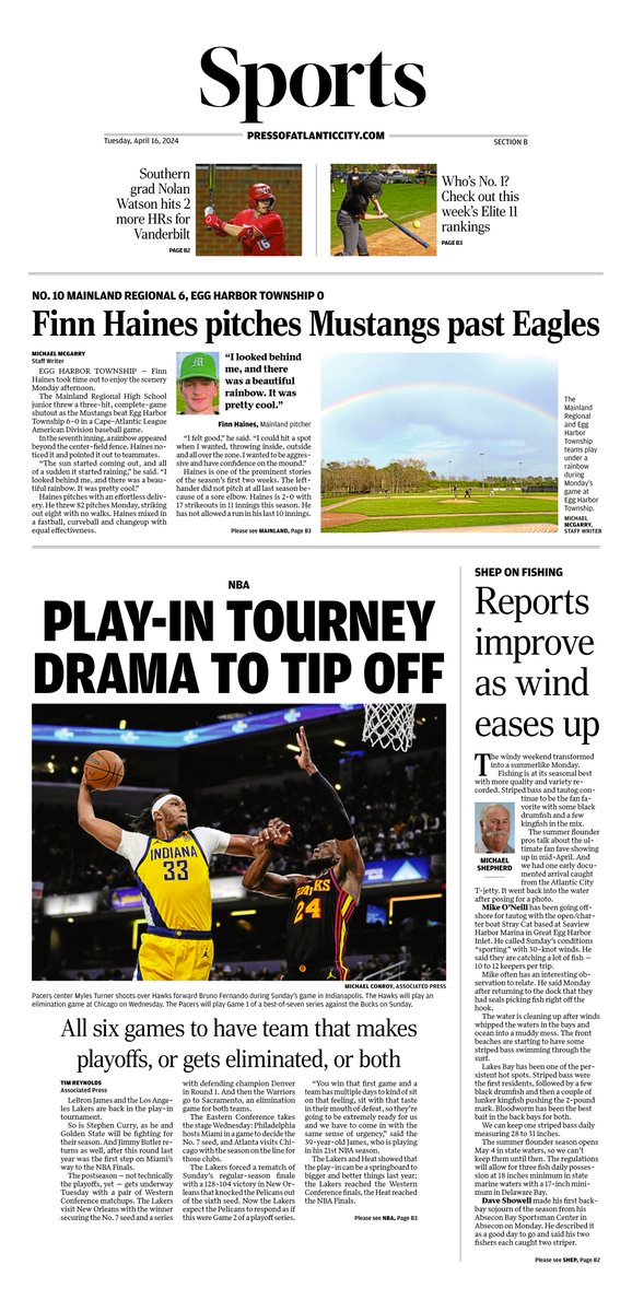 A peek at your @ThePressofAC Tuesday sports print. @McGarry has the story on @MRHS_Baseball/@EHTHSbaseball game. But check out his #rainbow photo, too. Very cool. As the great Kenny Bania would say on #Seinfeld, 'That's gold, Jerry, gold!'