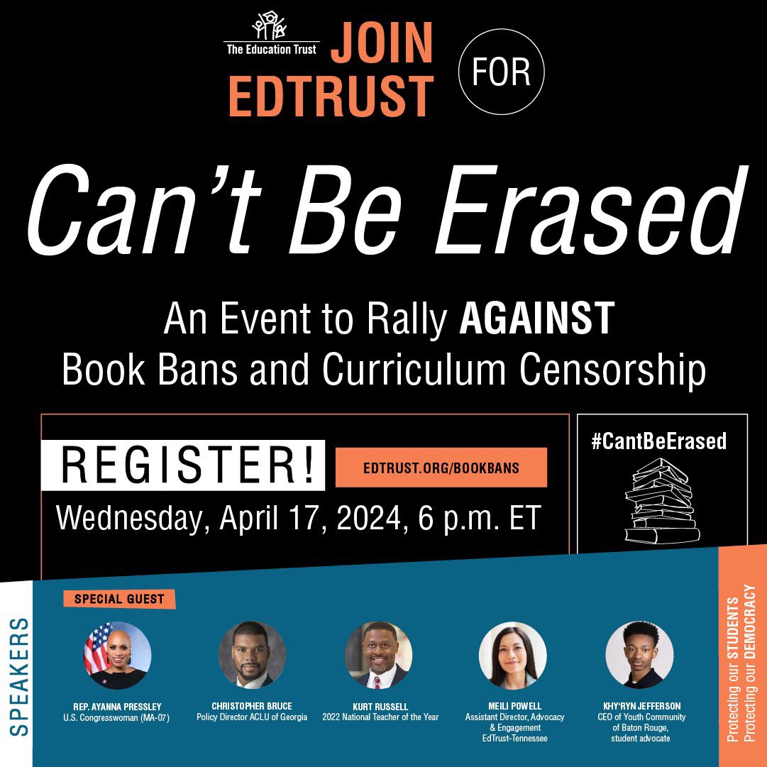 I'm joining @EdTrust & education leaders on Wednesday to discuss my #BooksSaveLives Act and our fight against book bans nationwide.

Everyone deserves to see themselves reflected in our literature and to learn #HonestHistory.

RSVP now: edtrust.org/cant-be-erased…