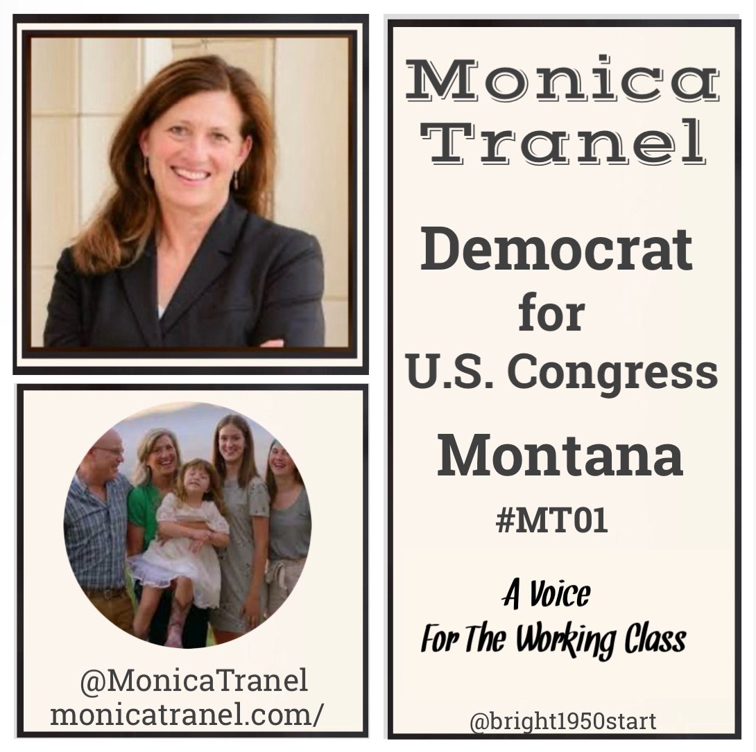 Monica is running to defeat Ryan Zinke, to be a voice for working Montanans. @MonicaTrane supports increased regulations and taxes on corporations plus climate change, affordable housing and higher wages for the working class #MT01 monicatranel.com secure.actblue.com/donate/mc_tran…