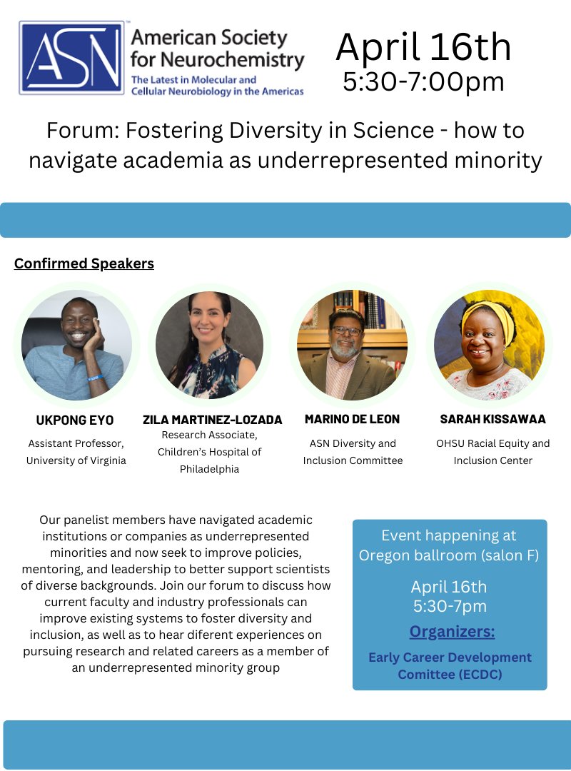 Join us for a captivating forum on 'Fostering Diversity in Science' - learn how to navigate academia as an underrepresented minority. Don't miss out on this enriching experience! 🌟 #EarlyCareerDevelopmentComittee #ASNeuro2024 #Portland