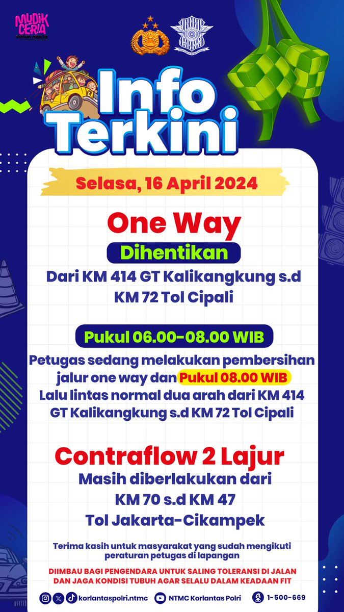 Info Terkini
Selasa, 16 April 2024

One Way dihentikan dari KM 414 GT Kalikangkung s/d KM 72 Tol Cipali

Pukul 06.00 - 08.00 WIB petugas sedang melakukan pembersihan jalur One Way. Pukul 08.00 WIB lalu lintas normal dua arah dari KM 414 GT Kalikangkung s/d KM 72 Tol Cipali