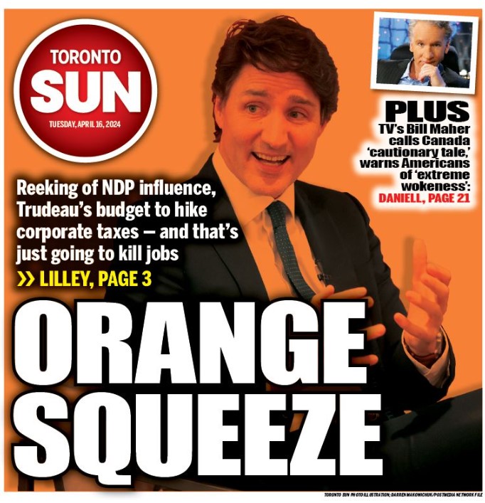 ORANGE SQUEEZE: Reeking of NDP influence, Trudeau's budget to hike corporate taxes — and that's just going to kill jobs From @brianlilley: torontosun.com/news/national/… + @markhdaniell on TV's Bill Maher calling Canada 'cautionary tale,' and warning Americans of 'extreme wokeness':…