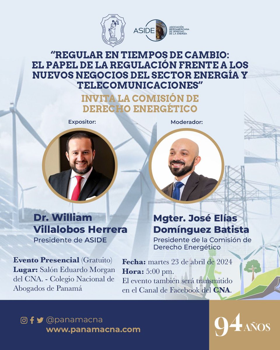 📍El CNA los invita a participar en el evento: Regular el tiempo de cambio: el papel de la regulación frente a los nuevos negocios del sector energía y las telecomunicaciones. 📌Presencial gratuito Salón Eduardo Morgan del CNA 📆 Martes 23 de abril ⏱️5:00 p.m.