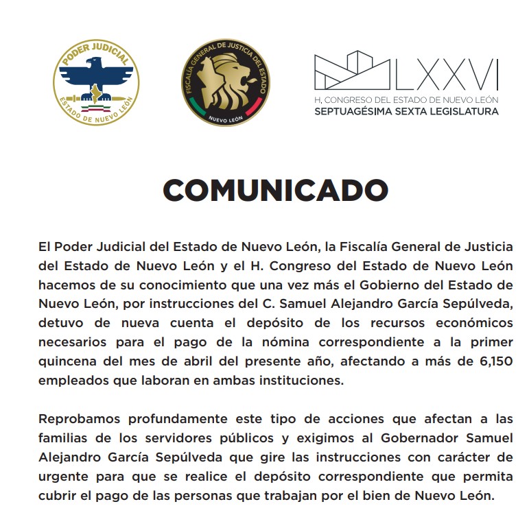 🔴⚡️#ULTIMAHORA Acusan al gobernador @samuel_garcias de retener recursos para el pago de nómina de más de 6 mil empleados: @poderjudicialnl @FiscaliaNL y @CongresoNL. #NuevoLeon