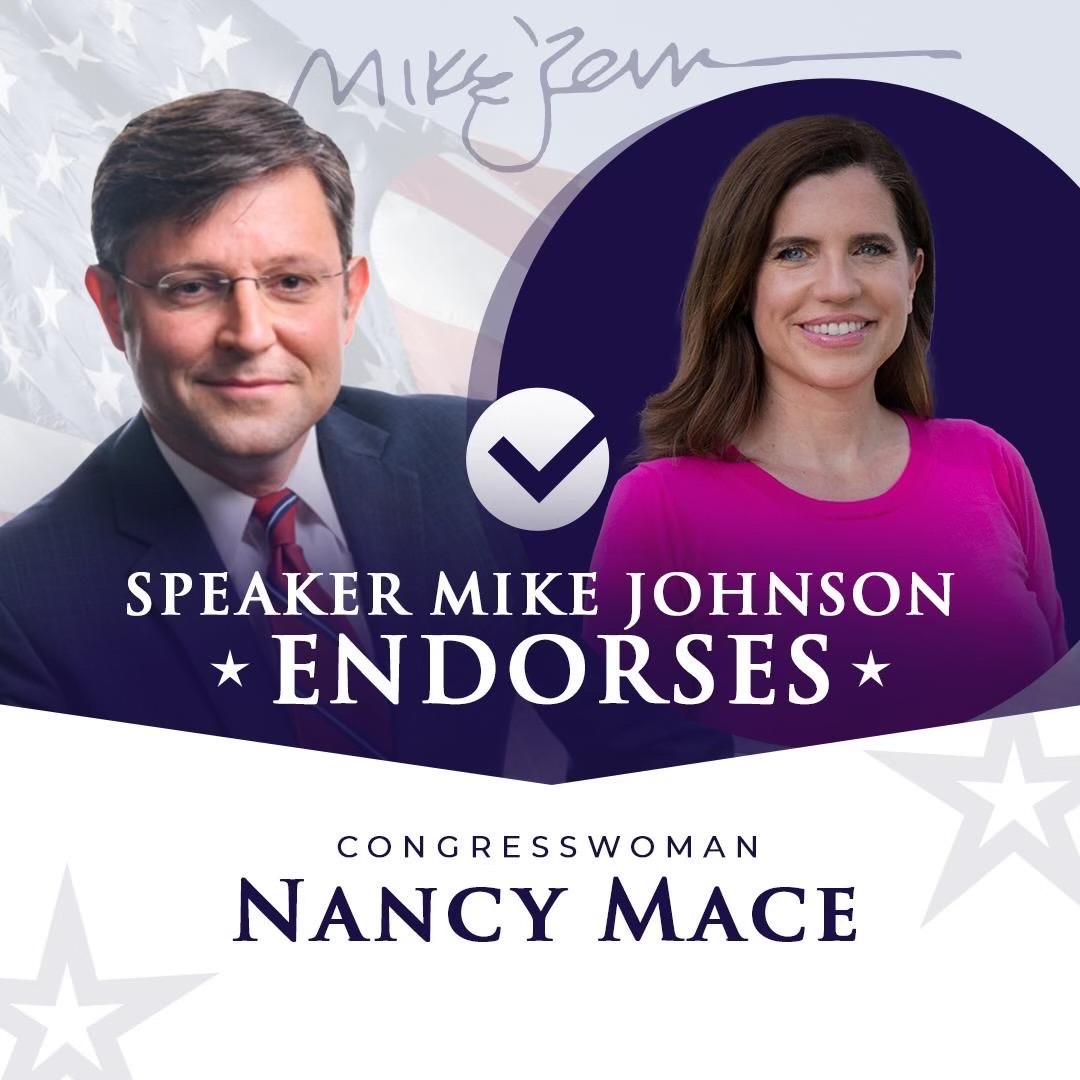 Just got ENDORSED by Speaker @MikeJohnson! 🇺🇸
'Congresswoman Mace has consistently proven herself to be an independent voice, unafraid to stand up for the values, interests, and needs of her constituents above all else,” says Speaker Johnson.
Read more at: nancymace.org/nancy-mace-end…